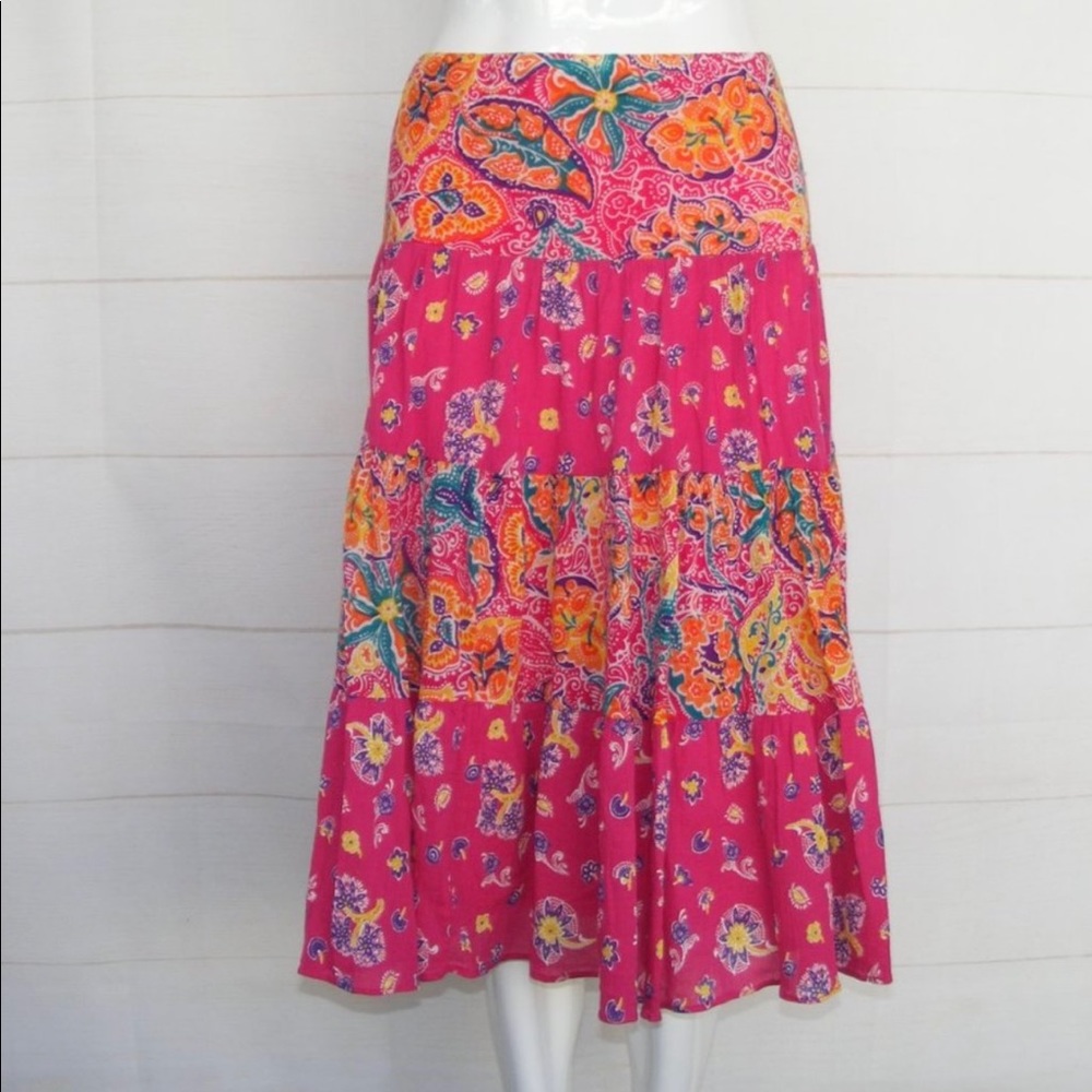 CHAPS Peasant Skirt, M, Tiered Paisley Pink, Elastic Waist